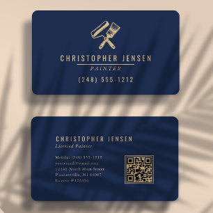 Carte De Visite Code QR Peintre Bleu Nuit Or Rond Peinture