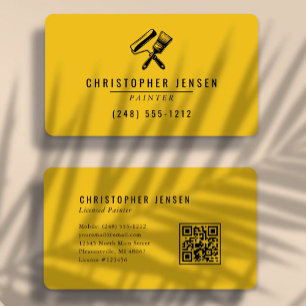 Carte De Visite Code QR Peintre Jaune Noir Arrondi Peinture