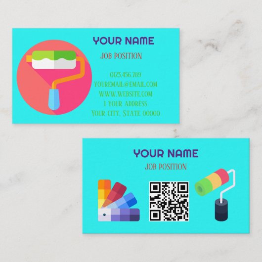 Carte De Visite Code QR Peintre Professionnel Moderne Cyan (Devant / Derrière)