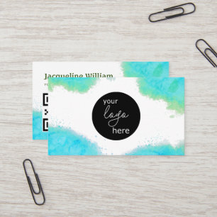 Carte De Visite Code QR personnalisé avec logo en aquarelle Aqua B
