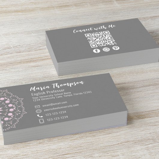 Carte De Visite Code QR personnalisé Médias sociaux rose gris élég