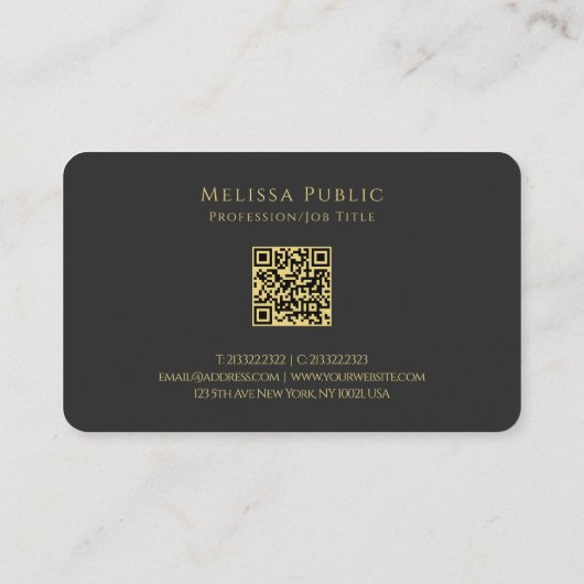 Carte De Visite Code QR personnalisé Texte manuscrit en or noir (Dos)