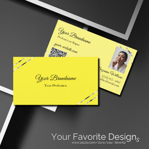 Carte De Visite Code QR photo avec lignes argentées jaune et crème