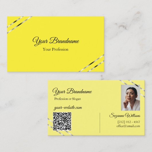 Carte De Visite Code QR photo avec lignes argentées jaune et crème (Devant / Derrière)