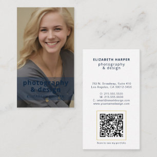 Carte De Visite Code QR Photo Bleu Marine Moderne Or Professionnel
