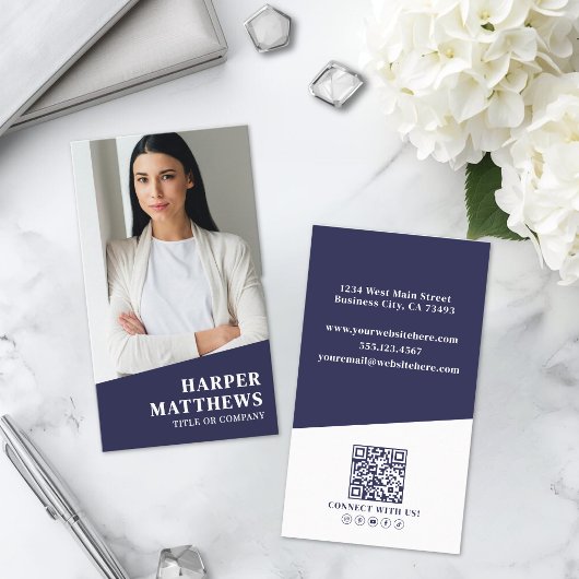 Carte De Visite Code QR Photo Bleu Marine Vertical