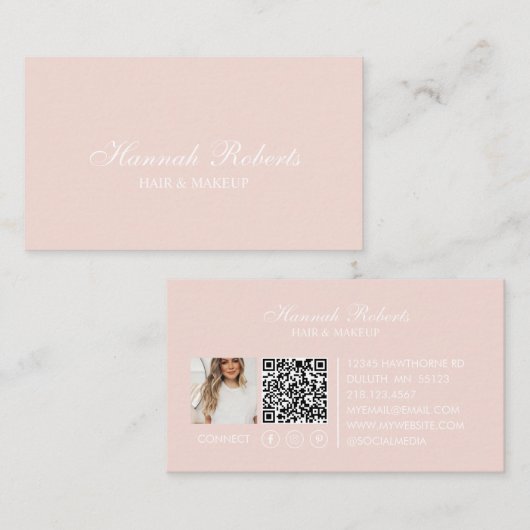 Carte De Visite Code QR photo coiffure maquillage écriture rose bl (Devant / Derrière)