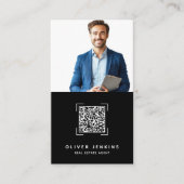 Carte De Visite Code QR photo d'agent immobilier noir et blanc (Devant)