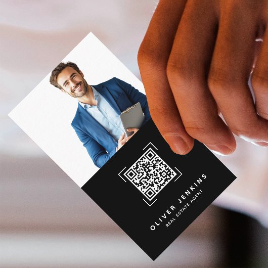 Carte De Visite Code QR photo d'agent immobilier noir et blanc