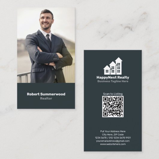 Carte De Visite Code QR photo d'agent immobilier vertical moderne (Devant / Derrière)