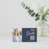 Carte De Visite Code QR photo d'avocat bleu marine or (Debout devant)
