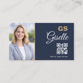 Carte De Visite Code QR photo d'avocat bleu marine or (Devant)