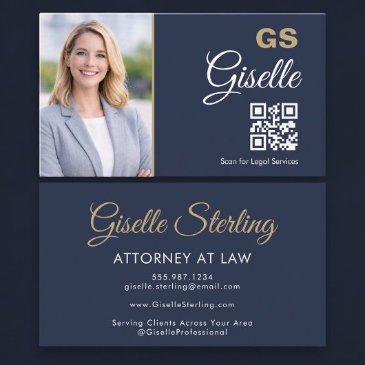 Carte De Visite Code QR photo d'avocat bleu marine or