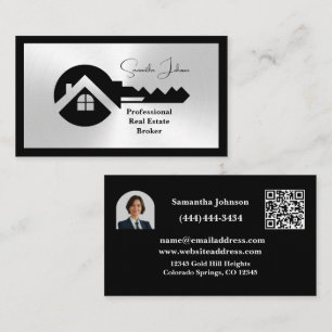 Carte De Visite Code QR photo de biens immobiliers noir et argent