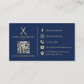 Carte De Visite Code QR photo de ciseaux de barbier Luxe Or Bleu (Dos)
