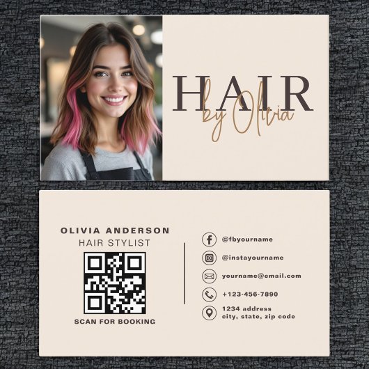 Carte De Visite Code QR photo de coiffeur beige neutre