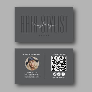 Carte De Visite Code QR photo de coiffeur Gris foncé