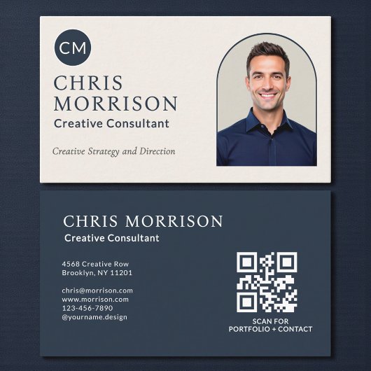 Carte De Visite Code QR photo de consultant créatif Bleu marine