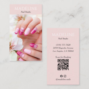 Carte De Visite Code QR photo de l'artiste en ongles rose pastel p