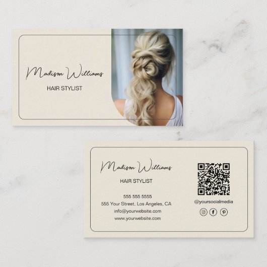 Carte De Visite Code QR photo de salon de coiffure moderne crème (Devant / Derrière)