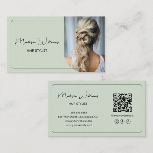 Carte De Visite Code QR photo de salon de coiffure moderne vert sa (Devant / Derrière)