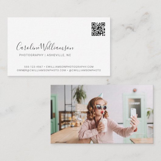Carte De Visite Code QR photo de script blanc moderne minimal tend (Devant / Derrière)