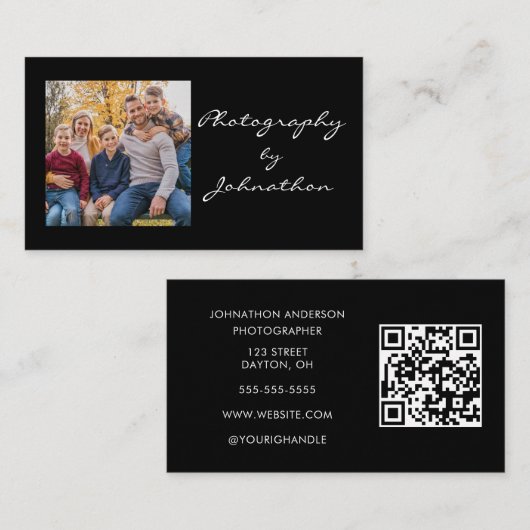 Carte De Visite Code QR photo de script noir moderne Photographie (Devant / Derrière)