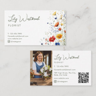 Carte De Visite Code QR photo d'écriture élégante de fleur sauvage