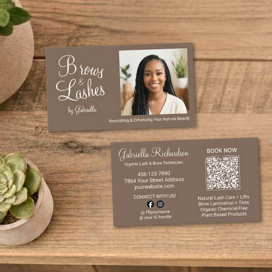 Carte De Visite Code QR photo écriture marron Mocha Sourcils et Ci