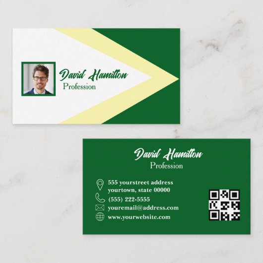 Carte De Visite Code QR photo géométrique vert blanc jaune (Devant / Derrière)
