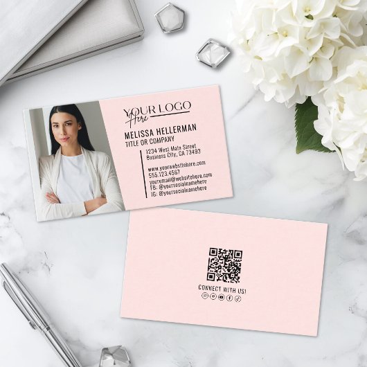 Carte De Visite Code QR Photo Logo Rose Moderne Professionnel