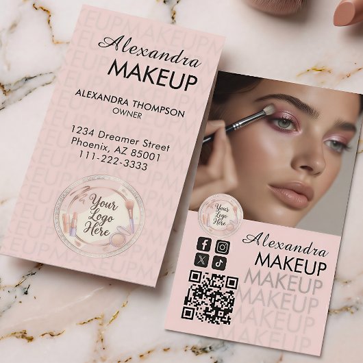 Carte De Visite Code QR photo Maquillage écriture Rose Blush
