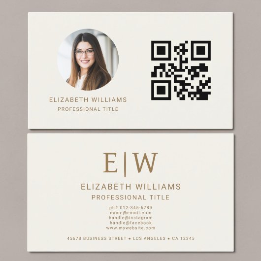 Carte De Visite Code QR Photo Monogramme Or Neutre