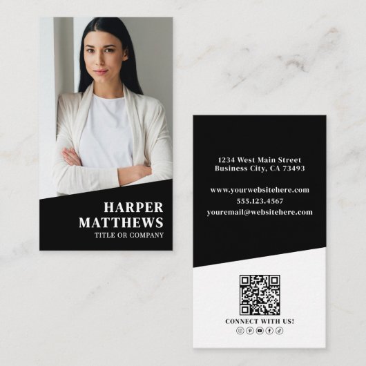 Carte De Visite Code QR Photo Noir Vertical (Devant / Derrière)