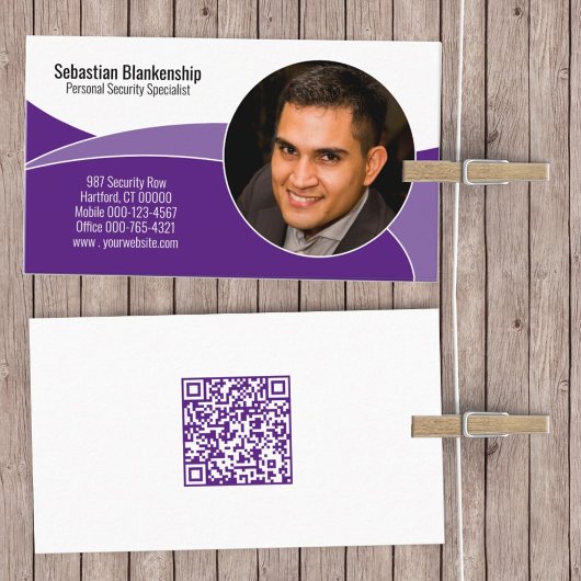 Carte De Visite Code QR photo personnalisé Purple Security Profess