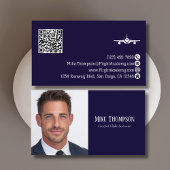 Carte De Visite Code QR Photo Professionnel Pilote Bleu Aviation