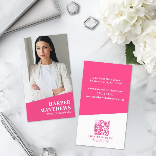 Carte De Visite Code QR photo rose vif Vertical