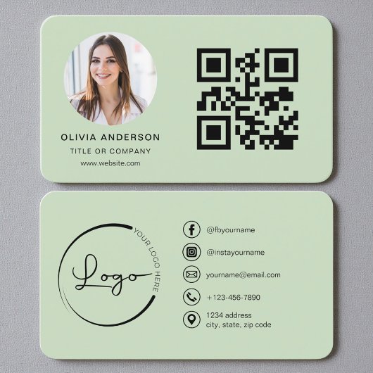 Carte De Visite Code QR Photo Vert Sauge