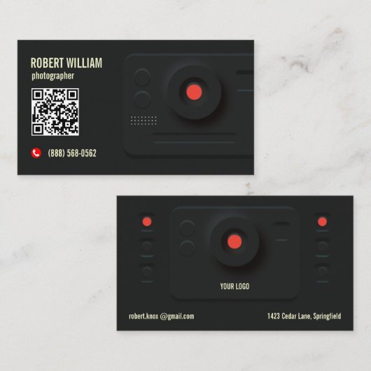 Carte De Visite Code QR Photographe Moderne Noir | Design Minimali (Devant / Derrière)