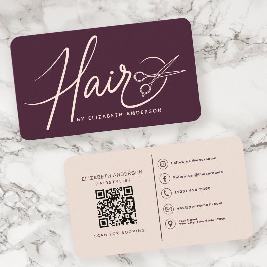 Carte De Visite Code QR Plum Coiffeur Écriture Élégante