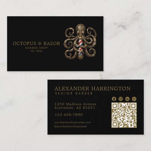 Carte De Visite Code QR Poulpe Bronze de Salon de Coiffure Profess (Devant / Derrière)