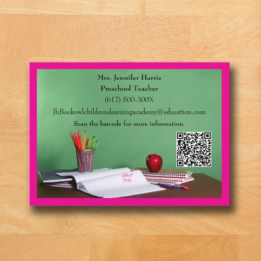 Carte De Visite Code QR Professeur École Primaire Maternelle Rose