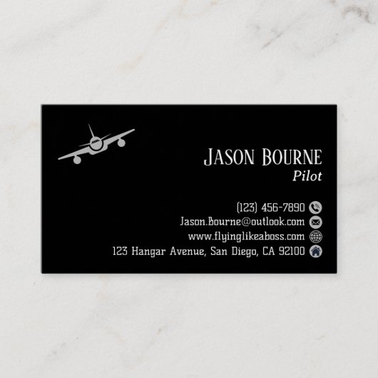 Carte De Visite Code QR professionnel, Aviation, Argent Noir moder (Devant)