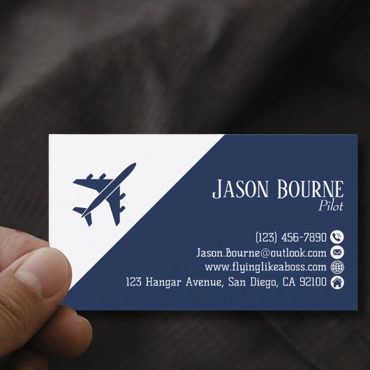 Carte De Visite Code QR professionnel Aviation Bleu marine blanc
