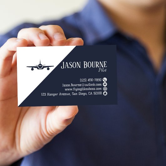 Carte De Visite Code QR professionnel Aviation Bleu marine Minimal