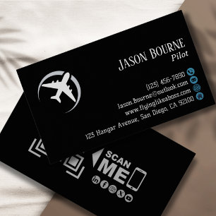 Carte De Visite Code QR professionnel Aviation Bleu marine Moderne
