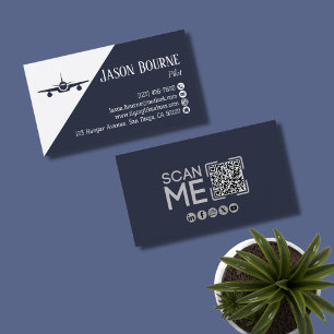 Carte De Visite Code QR professionnel, Aviation, Bleu, minimaliste
