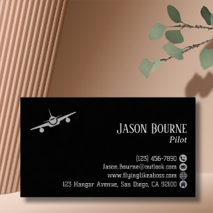 Carte De Visite Code QR professionnel, Aviation, Noir Argent Moder