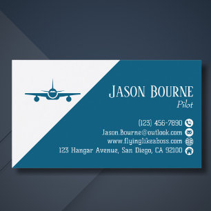 Carte De Visite Code QR professionnel Aviation Pilote Bleu et Blan
