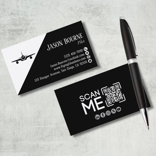 Carte De Visite Code QR professionnel Aviation Pilote Noir et Blan